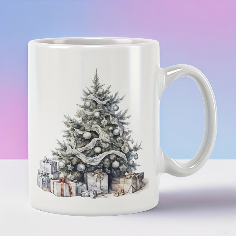 Tailorly White Ceramic 11 oz Mug - Vintage Sketched Evergreen Decorated With Ribbons And Wrapped Gift Boxes Tree