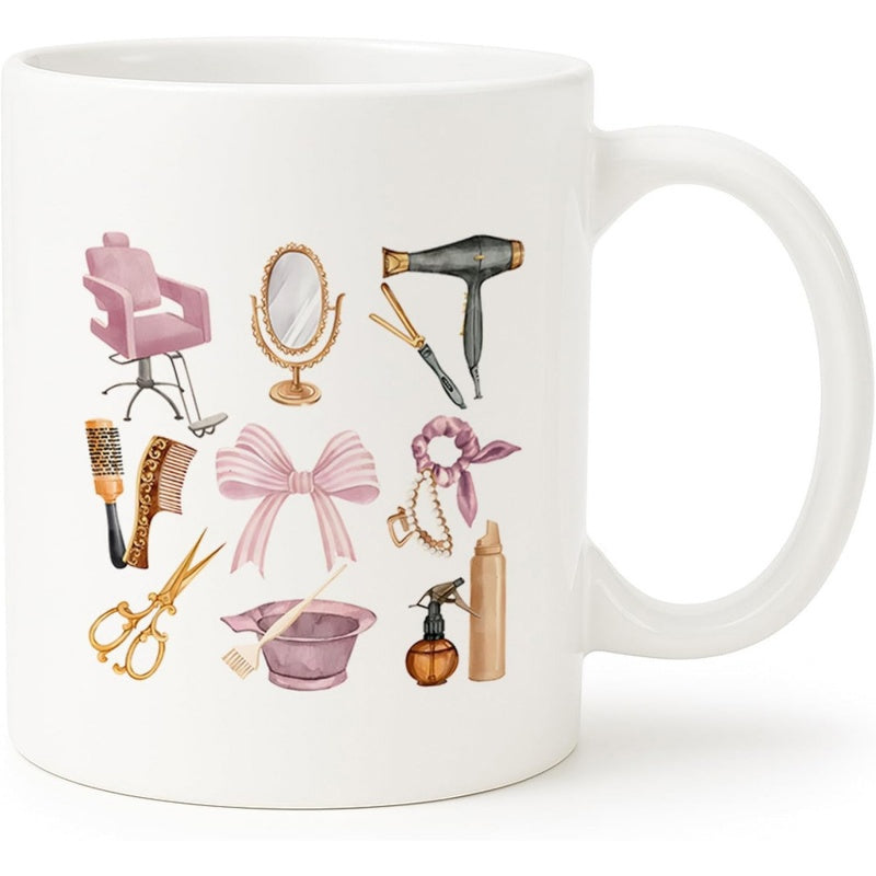 Tailorly White Ceramic 11 oz Mug - Watercolor Beauty Salon Essentials With Pink Chair Scissors And Hairdryer Illustration