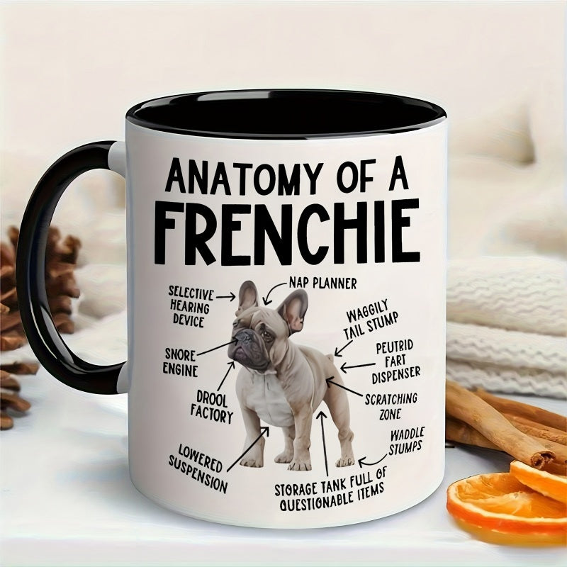 Tailorly Black Accent 11 oz Mug - french bulldog illustration with funny french terms and snore planner text