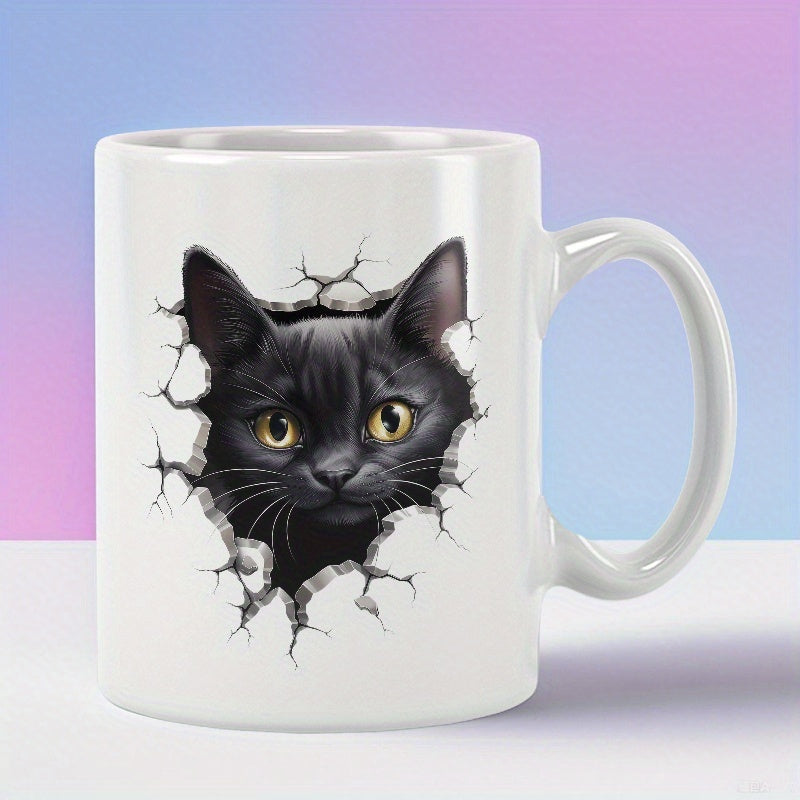 Tailorly White Ceramic 11 oz Mug - Staring Mysterious Black Furry Feline Peering Through Cracked White Surface Cat
