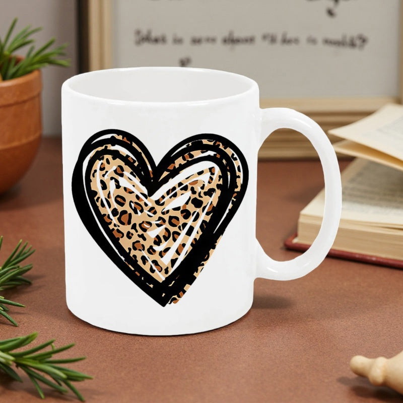 Tailorly White Ceramic 11 oz Mug - Leopard Print Texture Enclosed Within Bold Black Brushstroke Artistic Outlines Heart