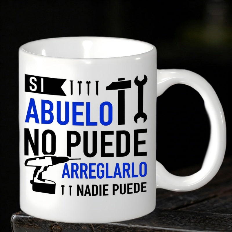 Tailorly White Ceramic 11 oz Mug - Black And Blue Graphic Icons Of Common Household Maintenance Tools On Mug