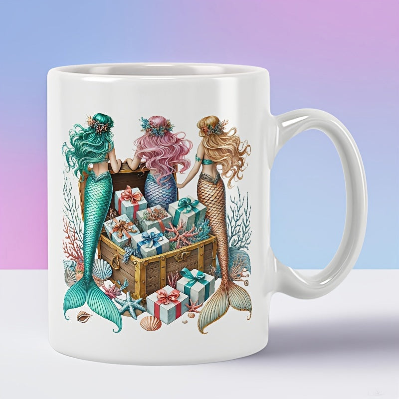 Tailorly White Ceramic 11 oz Mug - Three Enchanting Mermaids Gathering Around A Golden Treasure Chest Of Gifts Mermaid