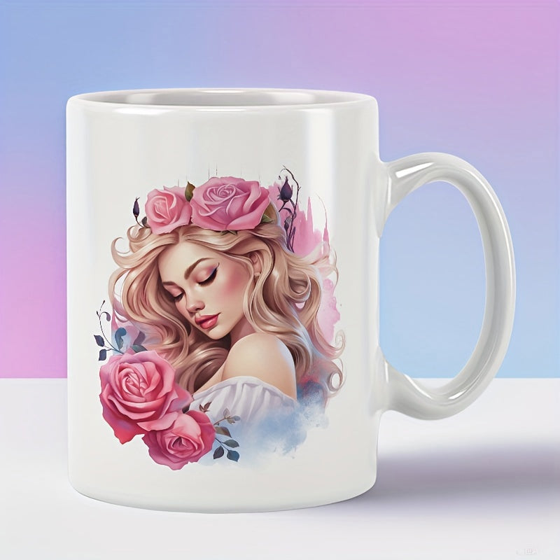 Tailorly White Ceramic 11 oz Mug - Beautiful Young Woman With Golden Wavy Hair Wearing Blooming Pink Roses Woman