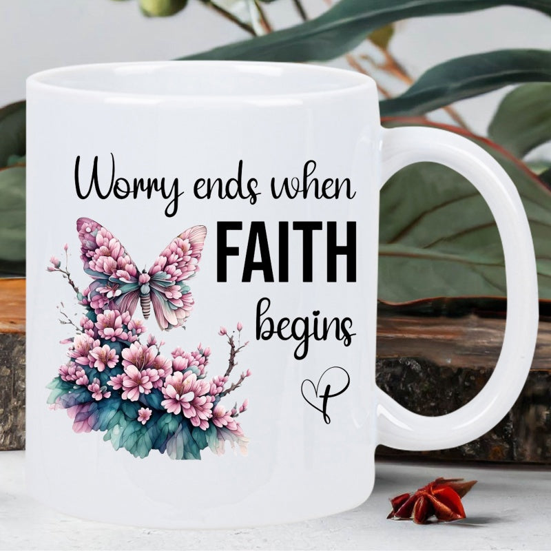 Tailorly White Ceramic 11 oz Mug - Worry Ends When Faith Begins Delicate Floral Pattern Wings Among Blooming Pink Flowers And Green Leaves Butterfly