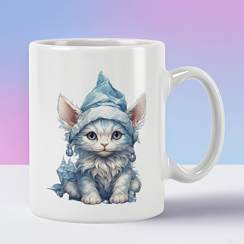 Tailorly White Ceramic 11 oz Mug - Whimsical Fantasy Sitting In Frosty Ice With Blue Wizard Hat Cat