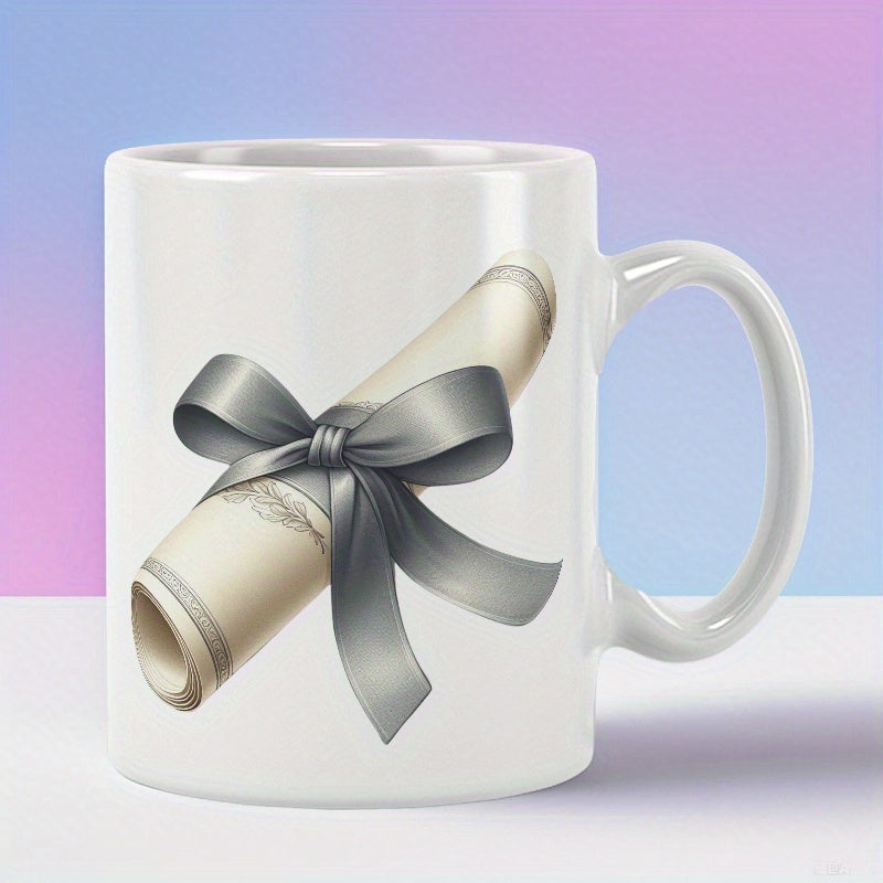 Tailorly White Ceramic 11 oz Mug - Elegant Rolled Vintage Paper Tied With A Silky Silver Ribbon Bow Scroll