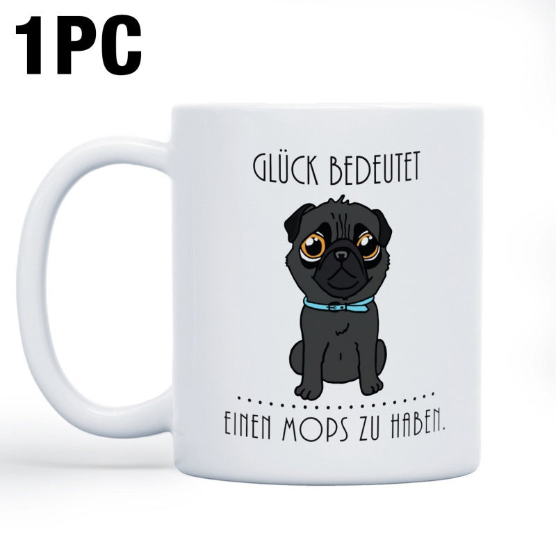 Tailorly White Ceramic 11 oz Mug - Adorable Cartoon Sitting Black Dog With Blue Collar And Expressive Eyes Pug