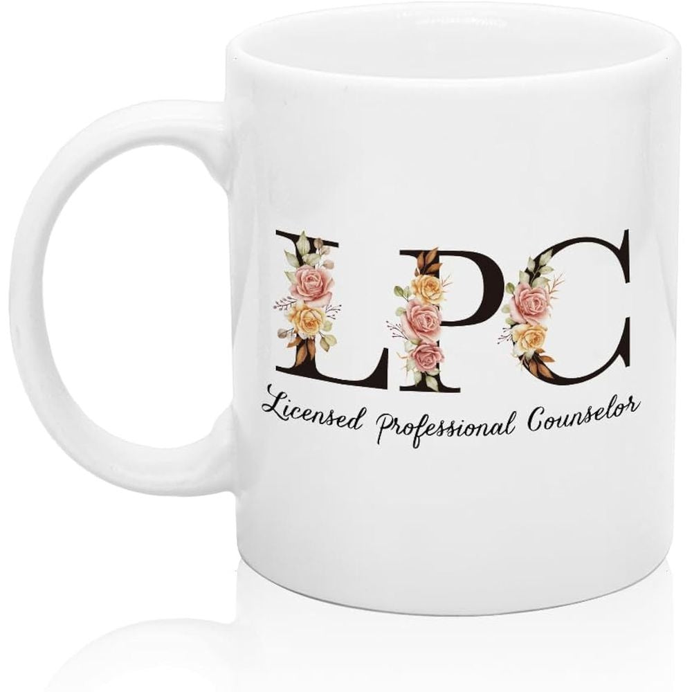Tailorly White Ceramic 11 oz Mug - Licensed Professional Counselor Elegant Vintage Floral Accents Blooming Within Classic Serif Lettering