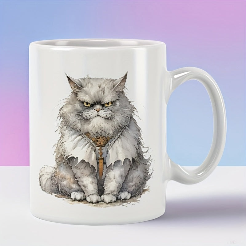 Tailorly White Ceramic 11 oz Mug - Grumpy Fluffy Grey Feline Wearing A Decorative Ornate Medallion Cat