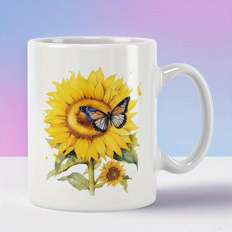 Tailorly White Ceramic 11 oz Mug - Vibrant Yellow Petals With Delicate Butterfly Resting On Blooming Garden Sunflower