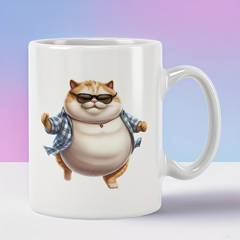 Tailorly White Ceramic 11 oz Mug - Dancing Chubby Ginger Feline Wearing Sunglasses And Stylish Plaid Shirt Cat