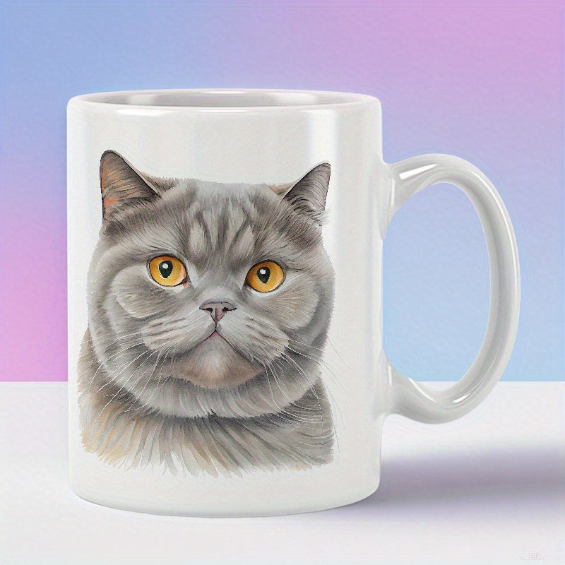 Tailorly White Ceramic 11 oz Mug - Staring Realistic Grey British Shorthair With Vibrant Golden Eyes And Detailed Fur Cat