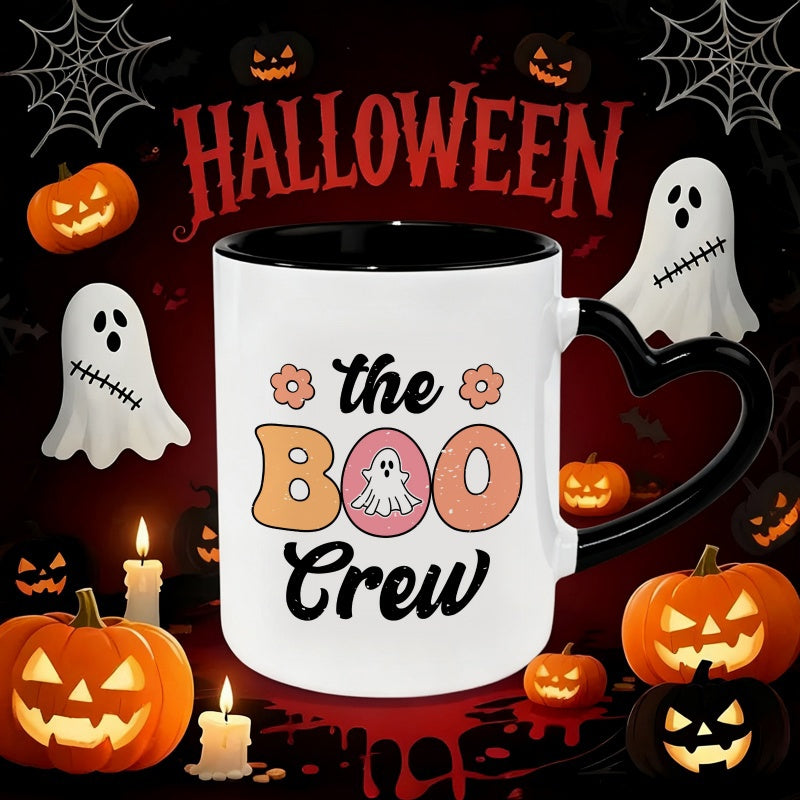 Tailorly Black Accent 11 oz Mug - heart shaped handle halloween themed "the boo crew" text pattern
