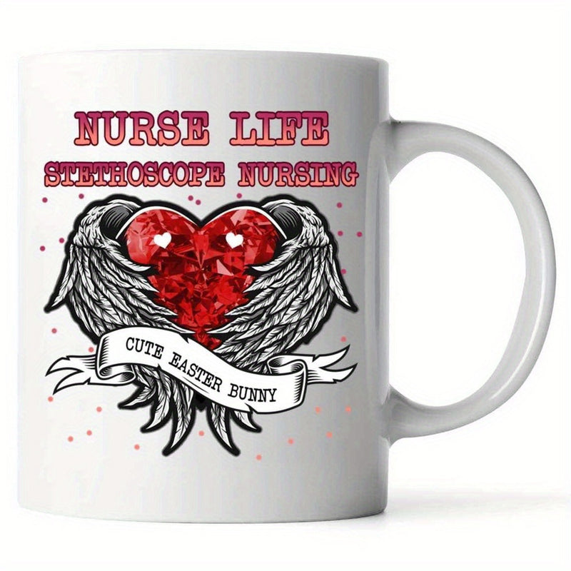Tailorly White Ceramic 11 oz Mug - Nurse Life Stethoscope Nursing Cute Easter Bunny Vibrant Red Heart With Intricate Silver Wings Attached Above Elegant White