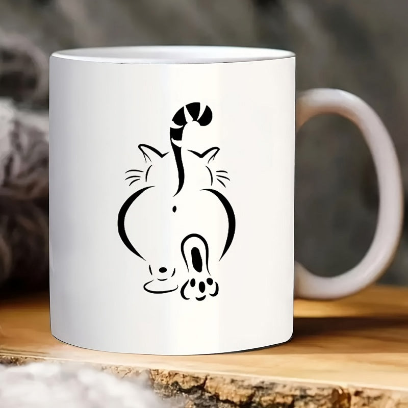 Tailorly White Ceramic 11 oz Mug - Minimalist Black Line Art Depicting A Funny Feline Rear View Cat