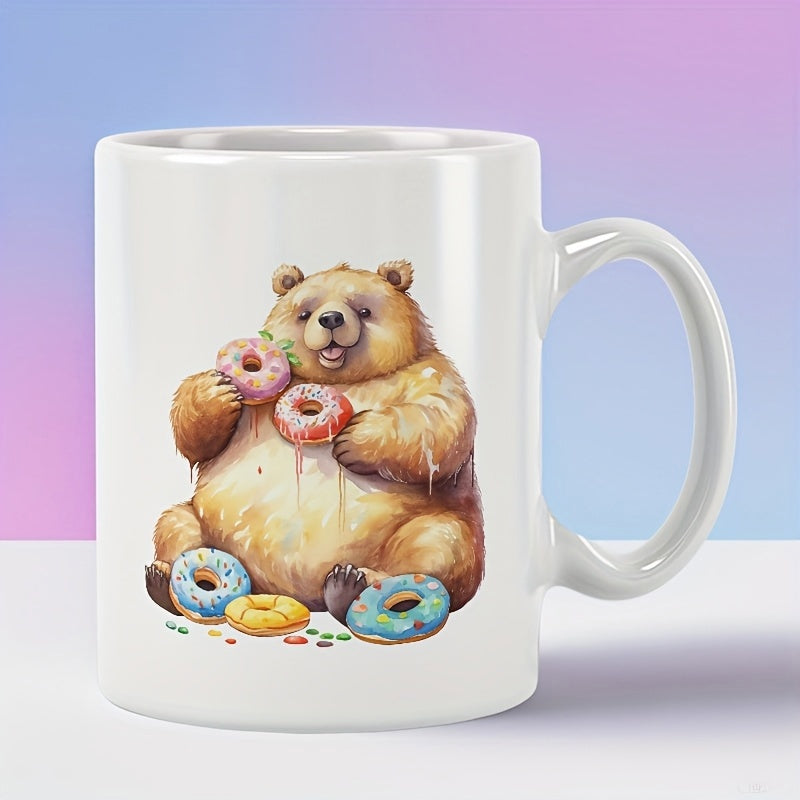 Tailorly White Ceramic 11 oz Mug - Adorable Chubby Brown Creature Feasting On Colorful Delicious Glazed Sweet Donuts Bear