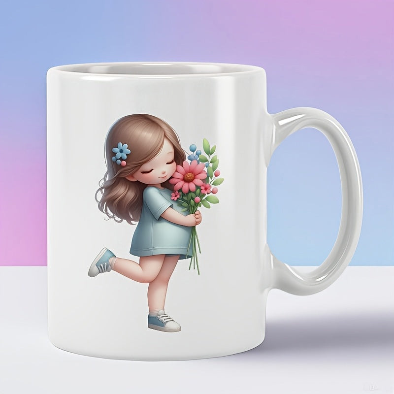 Tailorly White Ceramic 11 oz Mug - Adorable Little Chibi Character Holding A Beautiful Bouquet Of Summer Flowers Girl