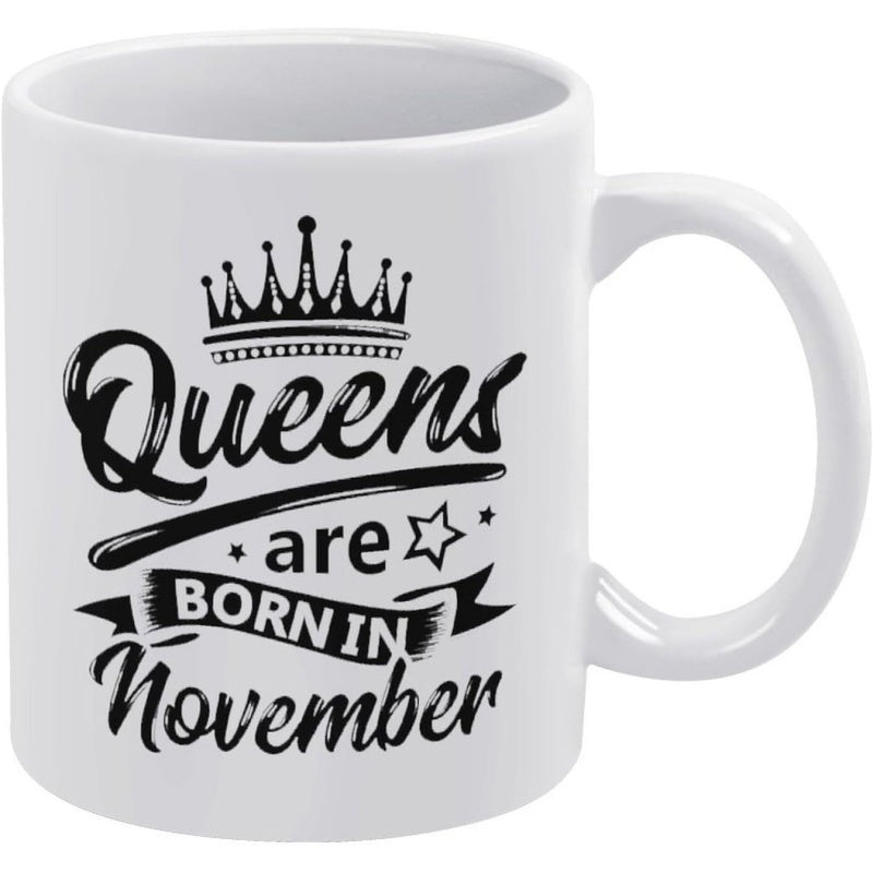 Tailorly White Ceramic 11 oz Mug - Queens Are Born In November Royal Crown With Intricate Stars And Elegant Decorative Banner Crown