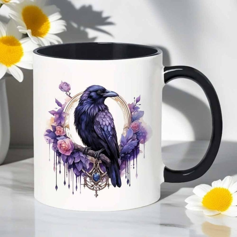 Tailorly Black Accent 11 oz Mug - gothic halloween purple crow with spiderweb
