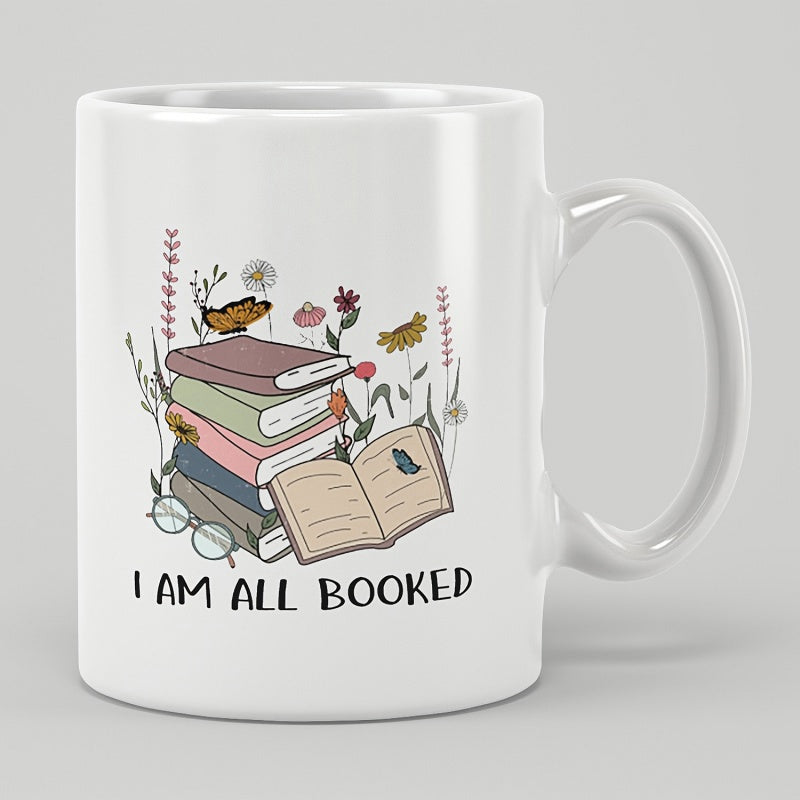 Tailorly White Ceramic 11 oz Mug - I Am All Booked Stacked Colorful Hardcover Volumes Among Delicate Wildflowers And Resting Butterfly Book