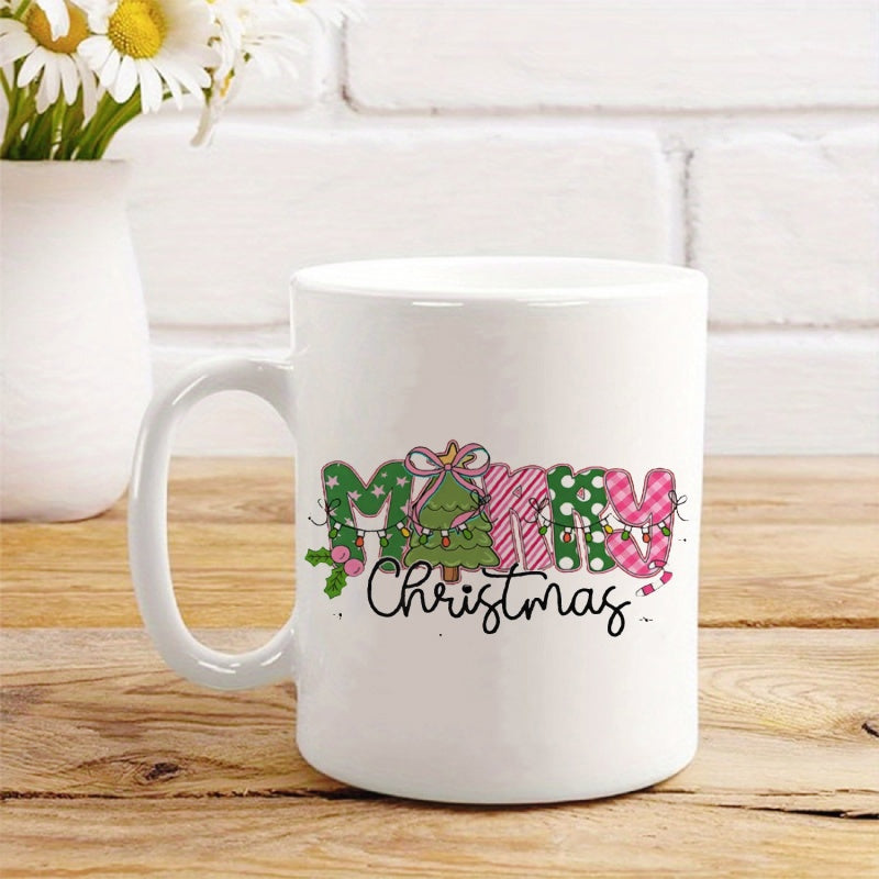 Tailorly White Ceramic 11 oz Mug - Merry Christmas Festive Decorative Letters With Patterns And Small Seasonal Greenery Tree
