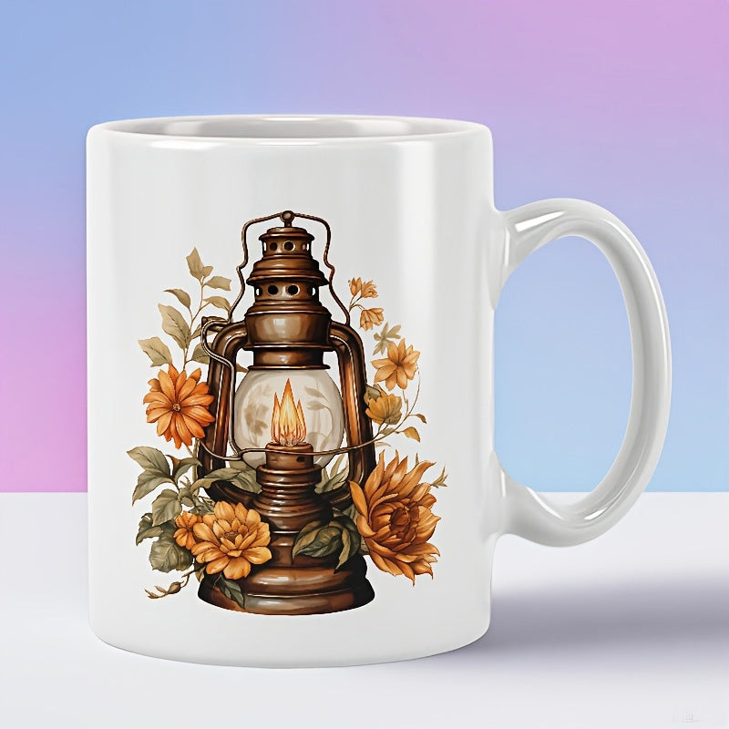 Tailorly White Ceramic 11 oz Mug - Vintage Kerosene Lamp Surrounded By Vibrant Orange Flowers And Delicate Autumn Leaves Lantern