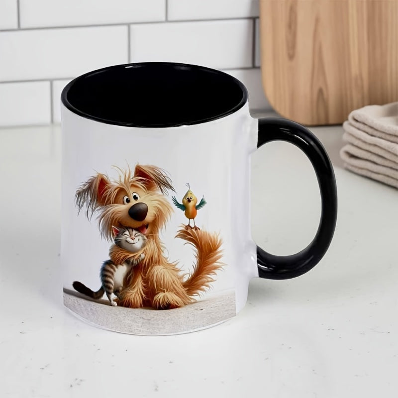 Tailorly Black Accent 11 oz Mug - cute cartoon birds and adorable puppy kitten design