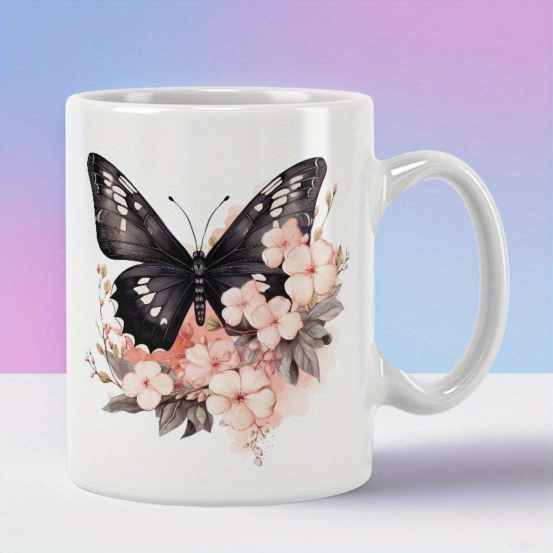 Tailorly White Ceramic 11 oz Mug - Elegant Soft Pink Flowers Surrounded By A Graceful Majestic Dark Butterfly