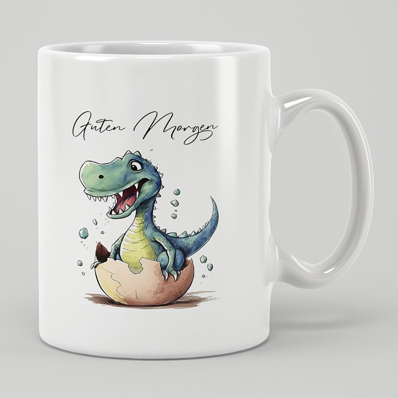 Tailorly White Ceramic 11 oz Mug - Cute Green Baby Hatching From A Cracked Spotted Eggshell Dinosaur