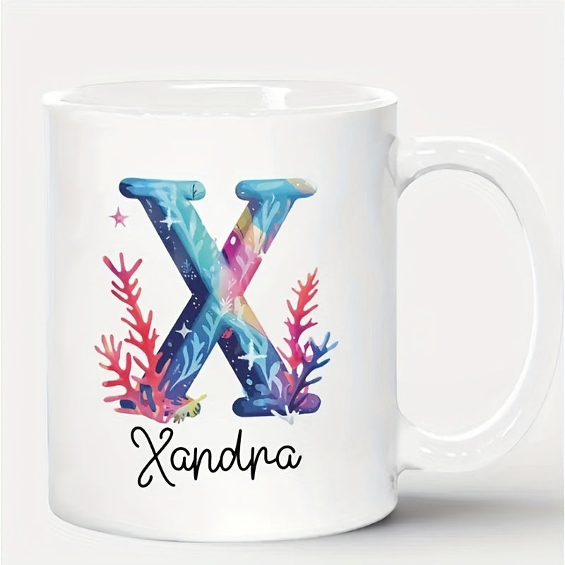 Tailorly White Ceramic 11 oz Mug - Xandra Artistic Watercolor Coral Reef Pattern Inside Decorative Letter