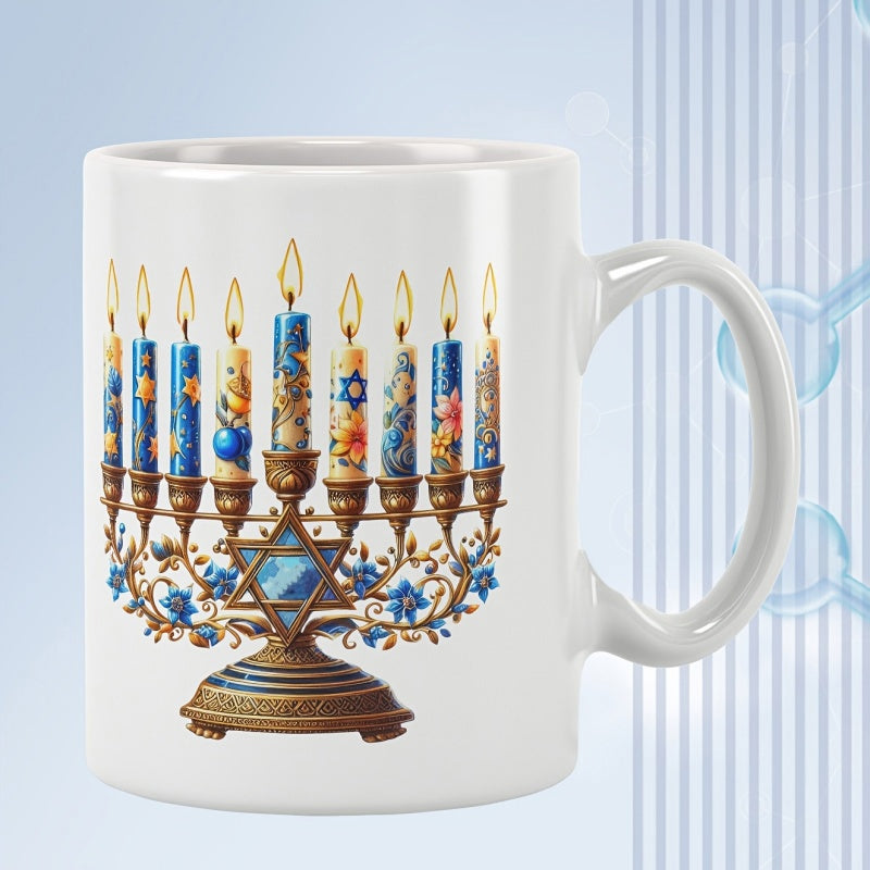 Tailorly White Ceramic 11 oz Mug - Ornate Golden Hanukkah Lamp With Nine Glowing Candles Among Elegant Floral Vines Menorah