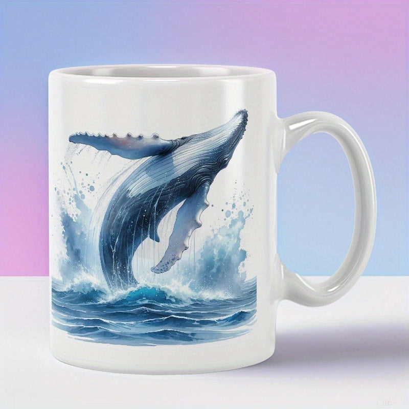 Tailorly White Ceramic 11 oz Mug - Majestic Blue Watercolor Humpback Breaching Through Ocean Waves With Splashing Water Whale