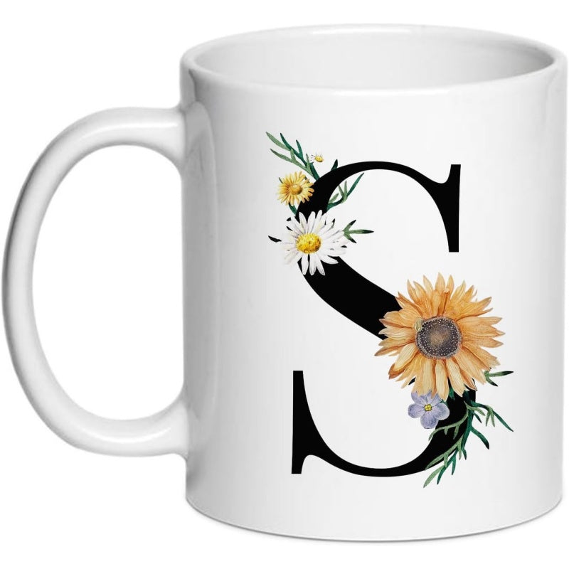 Tailorly White Ceramic 11 oz Mug - S Elegant Serif Font Adorned With Vibrant Sunflowers And Wildflowers Letter