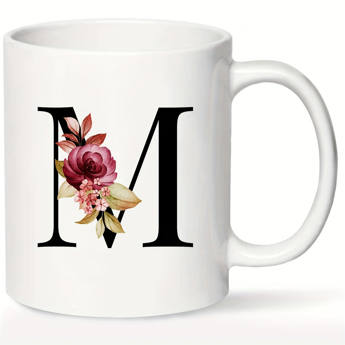 Tailorly White Ceramic 11 oz Mug - M Elegant Vintage Rose Bouquet Decorated On A Classic Serif Letter
