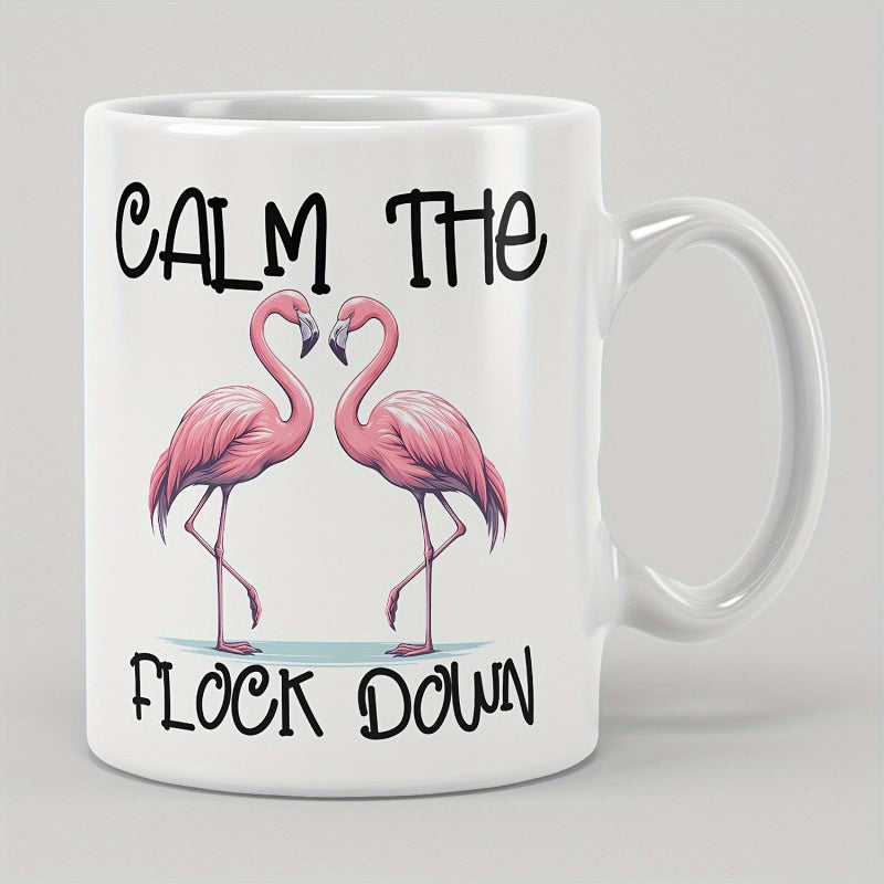 Tailorly White Ceramic 11 oz Mug - Calm The Flock Down Two Pink Tropical Birds Standing Gracefully Facing Each Other Flamingo