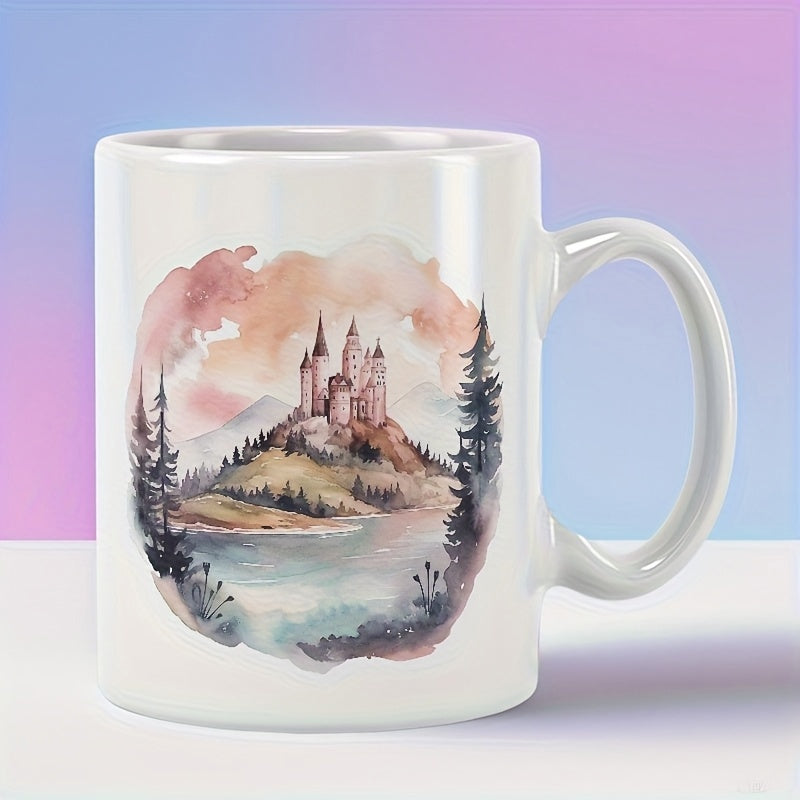 Tailorly White Ceramic 11 oz Mug - Majestic Watercolor Painting Of A Fairy Tale Fortress Above Misty Lake Castle