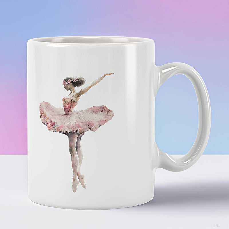 Tailorly White Ceramic 11 oz Mug - Elegant Graceful Watercolor Style Dancing With Pink Flowing Tutu Costume Ballerina