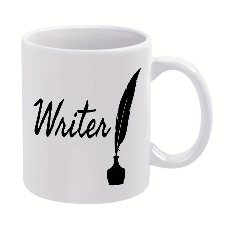 Tailorly White Ceramic 11 oz Mug - Writer Black Inkwell With Long Feather Quill Standing Upright Inside Quill