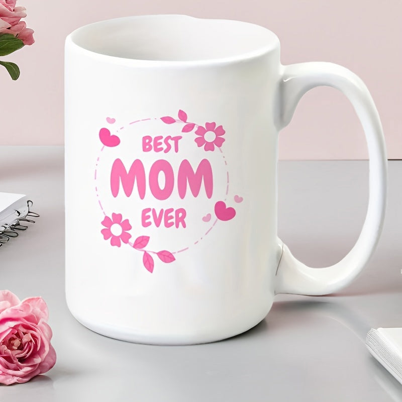 Tailorly White Ceramic 11 oz Mug - Best Mom Ever Dainty Pink Floral Wreath With Hearts And Petals On Smooth