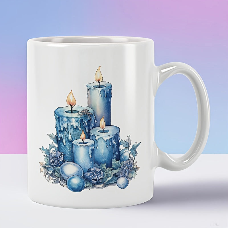 Tailorly White Ceramic 11 oz Mug - Four Blue Melting Pillars With Glowing Flames Among Holly And Baubles Candle
