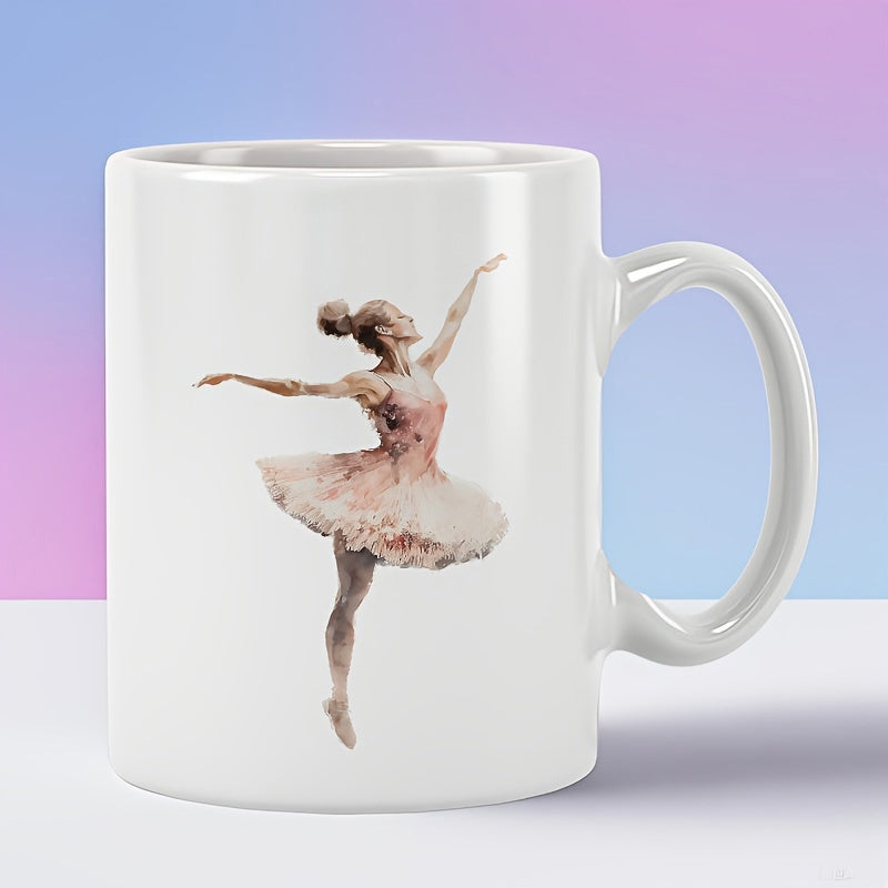 Tailorly White Ceramic 11 oz Mug - Graceful Dancing Figure Wearing A Delicate Pink Layered Tutu Ballerina