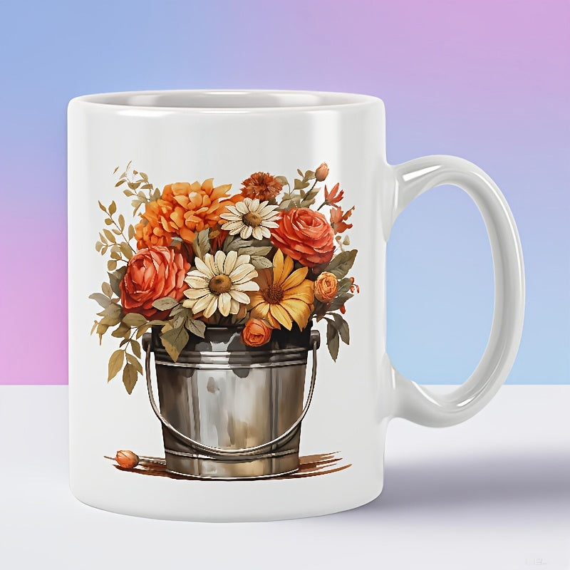 Tailorly White Ceramic 11 oz Mug - Vintage Metal Bucket Filled With Warm Autumn Blooms And Leaves Bouquet