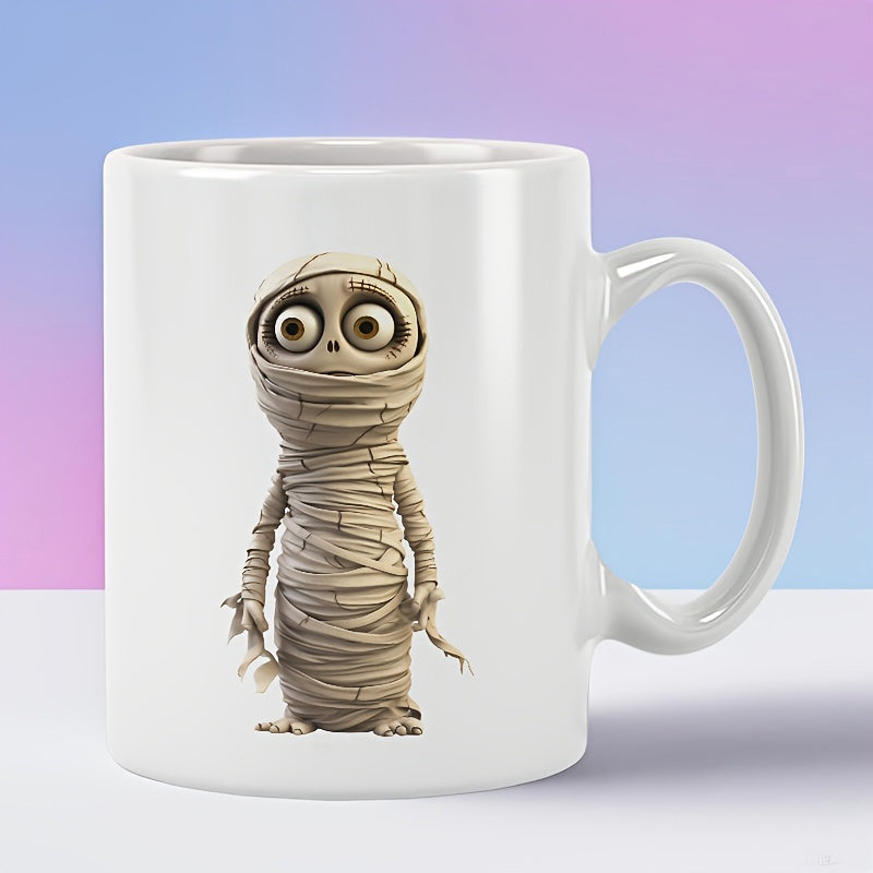 Tailorly White Ceramic 11 oz Mug - Adorable Tiny Creature Wrapped In Aged Bandages With Large Glowing Eyes Mummy