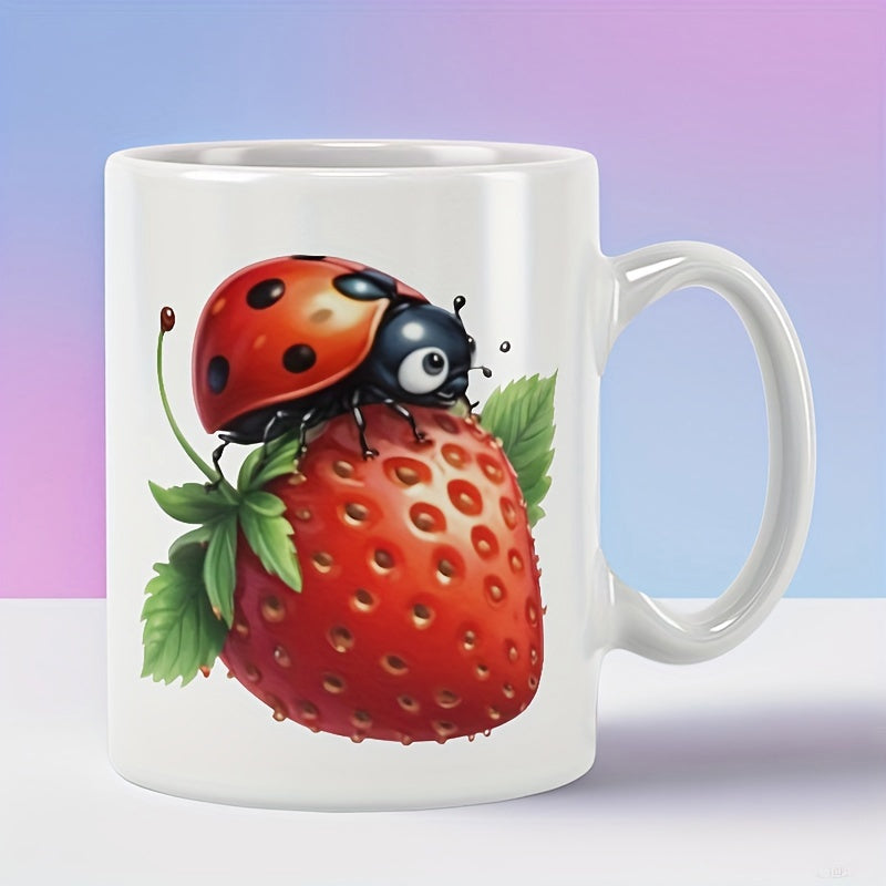 Tailorly White Ceramic 11 oz Mug - Charming Little Red Spotted Ladybug Resting On A Ripe Juicy Strawberry