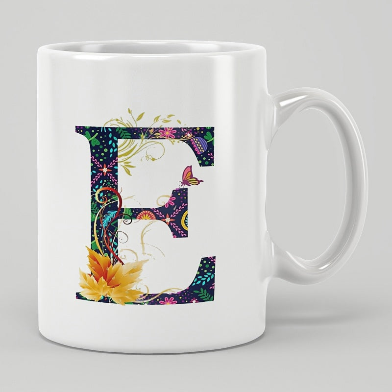 Tailorly White Ceramic 11 oz Mug - E Ornate Floral Pattern With Autumn Leaves And Small Butterfly Letter