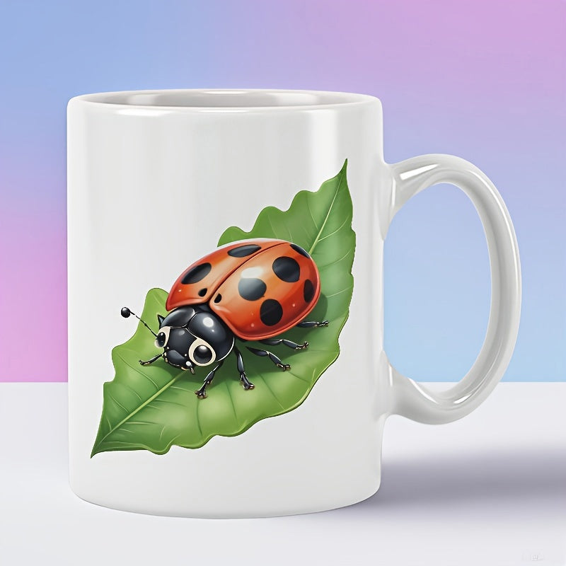 Tailorly White Ceramic 11 oz Mug - Vibrant Red Spotted Beetle Resting Peacefully On A Textured Green Ladybug
