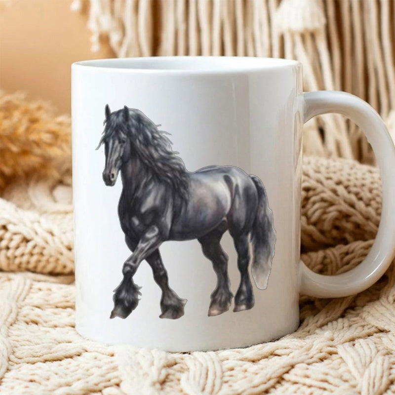 Tailorly White Ceramic 11 oz Mug - Majestic Black Friesian Stallion Walking With Graceful Long Flowing Mane Horse