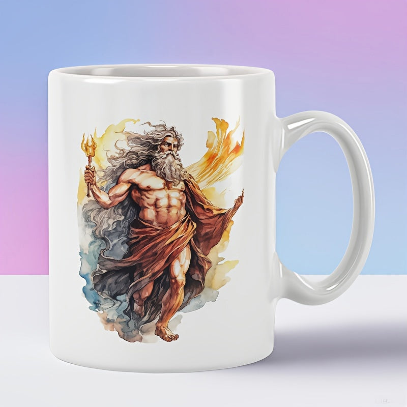 Tailorly White Ceramic 11 oz Mug - Powerful Muscular Ancient God Holding Torch With Flowing White Hair Zeus