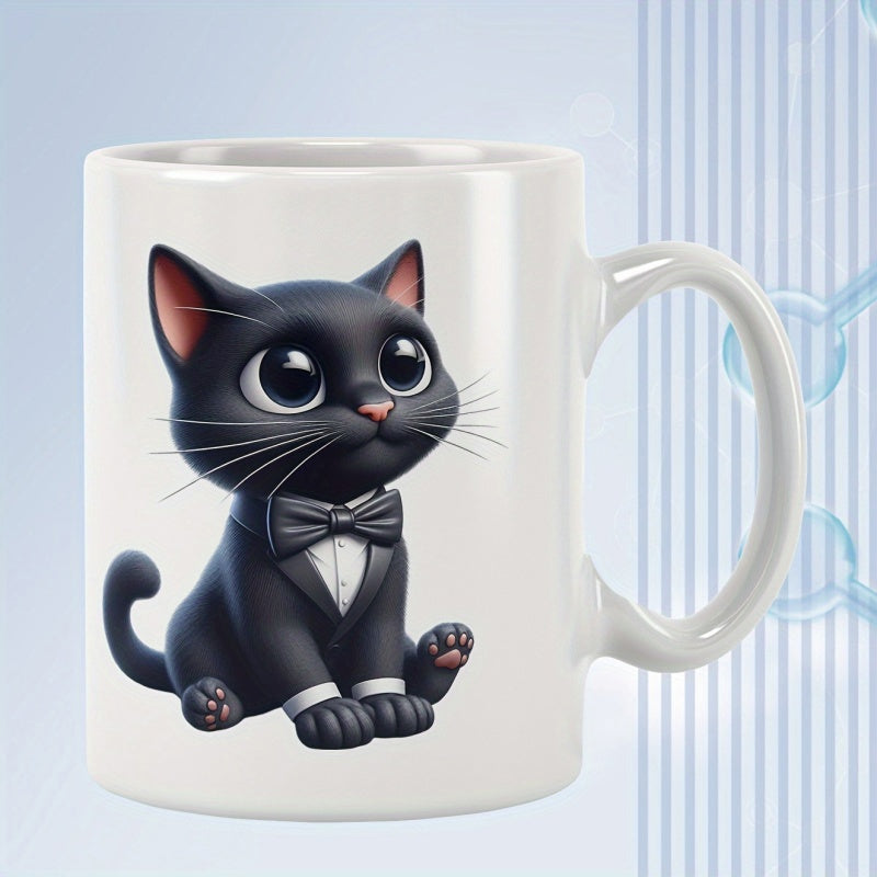 Tailorly White Ceramic 11 oz Mug - Elegant Small Black Tuxedo Kitten Sitting Peacefully With Big Expressive Eyes Cat